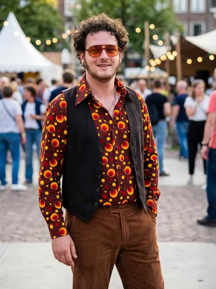 Retro overhemd Dots & Spots van Chenaski in bruin, geel en oranje, met een bruine ribbroek en donkerbruin gilet